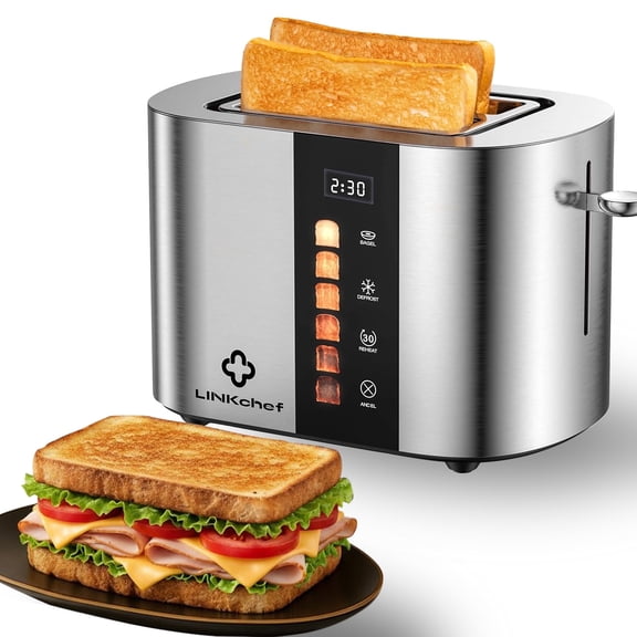 LINKChef Touch Screen 2-Slice Toaster, Stainless Steel, 6 Shade Settings, Timer Countdown