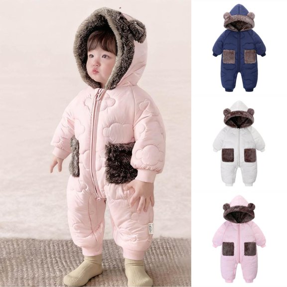 Bxsruta Baby Hooded Jumpsuit Winter Warm Romper Plush Ear Design One Piece Snowsuit