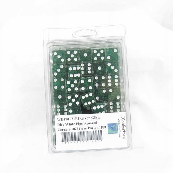 Green Glitter Dice with White Pips Squared Corners D6 16mm (5/8in) Pack of 100 Wondertrail