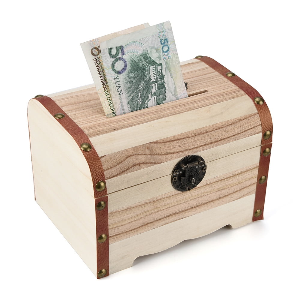 Wooden Piggy Bank Vintage Wood Safe Money Coins Saving Box Safety Case with Lock 