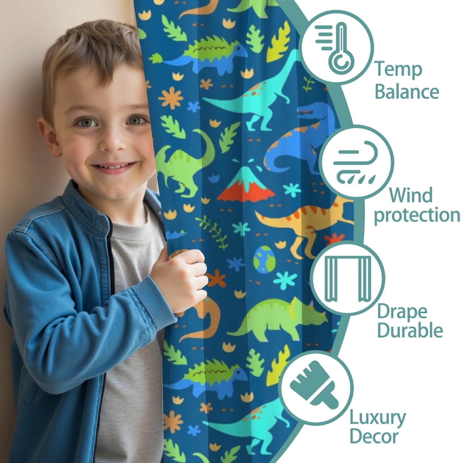 Funny Window Curtains for Kids Room - 42Wx63H Inch 2 Panels, Rod Pocket Colorful Cartoon Dinosaur Patterns for Boys Bedroom Decor Preschool Classroom Curtains Playroom Living Room Window Drapes
