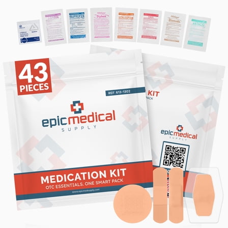 Epic Medical Supply First Aid Kit Medication Refill – 43-Count Unit Dose Packets - Alcohol Pads & Bandages – Emergency Medicine Kit Pills - 1st Aid Kit Refill, Travel, Camping – Assembled in USA