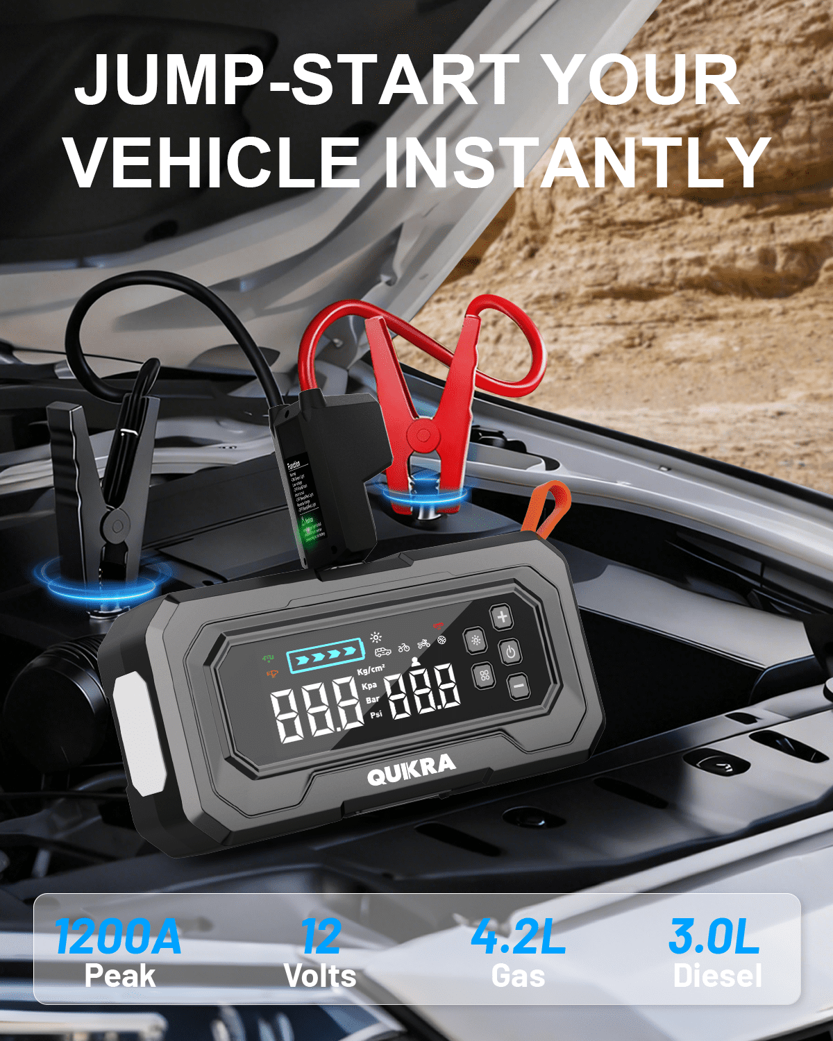 QUIKRA Jump Starter with Air Compressor,2000A Portable Battery Booster for 4.2L Gas or 3.0L Diesel with 150PSI Auto-Shutoff Tire Inflator, 12V Lithium Jump Box Car Battery Jumper Starter