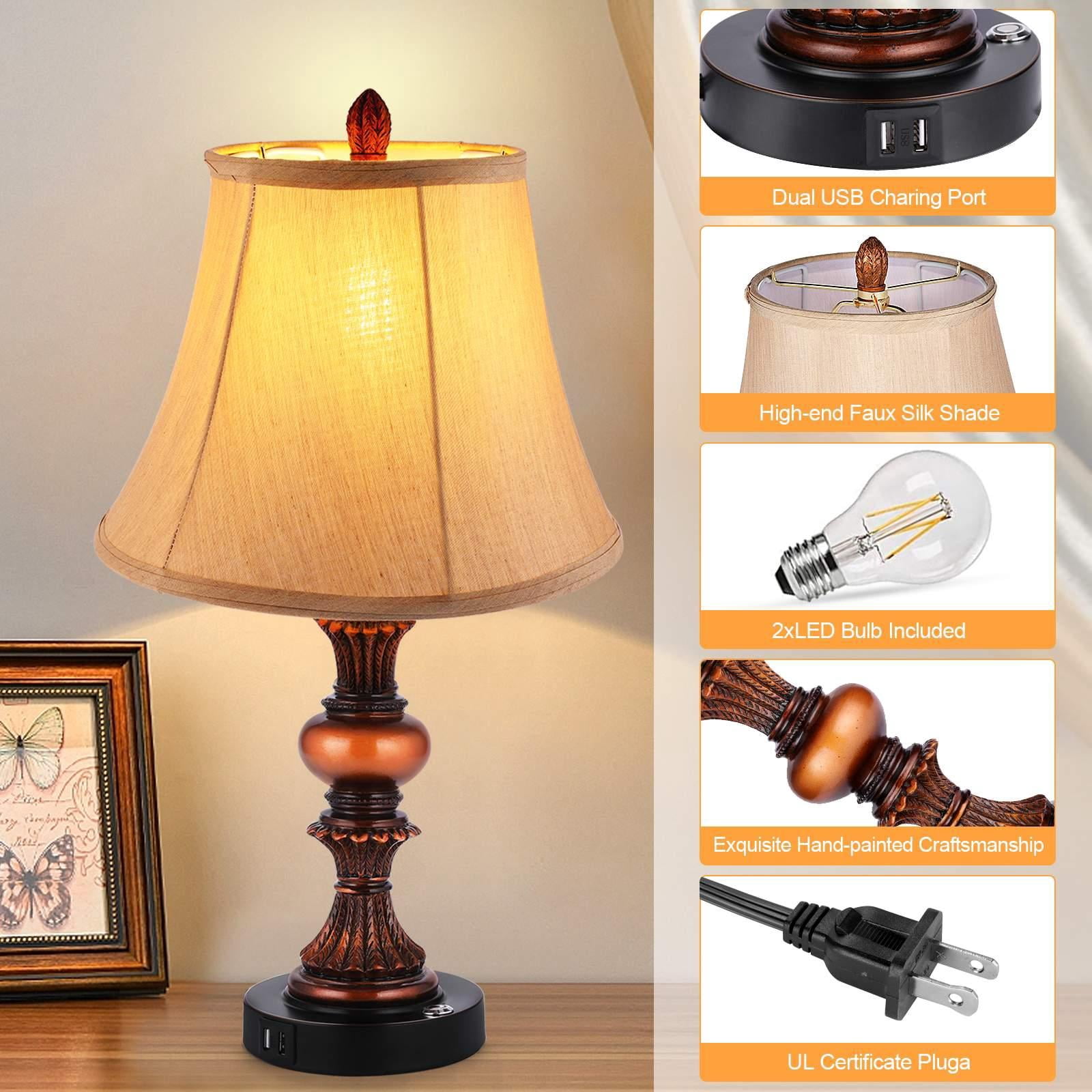 Nictiv 2 Pack Traditional Table Lamps,Touch Control 3-Way Dimmable Lamp Sets w/4 USB Charging Ports, Fabric Tapered Drum Shade Nightstand Lamp for Living Room, Bedroom, 2 Free LED Bulbs, Bronze