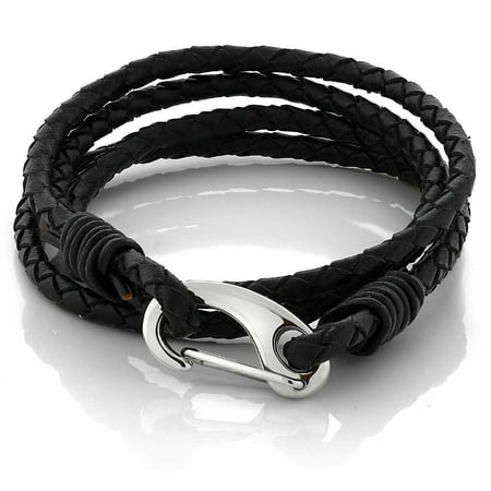 7.5 Inch Braided Double Wrap Leather Men's Bracelet with Stainless Steel Clasp