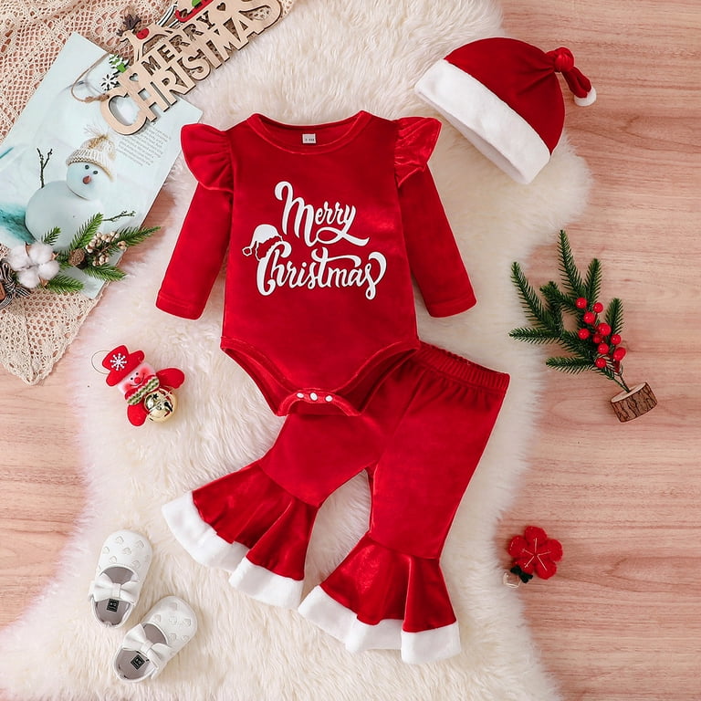 Baby Boy Christmas Outfit Christmas Girls Boys Long Sleeve Letter Prints Romper Long Pants Hat Outfits Christmas Clothes Outfuts Size 12 18 Months Walmart