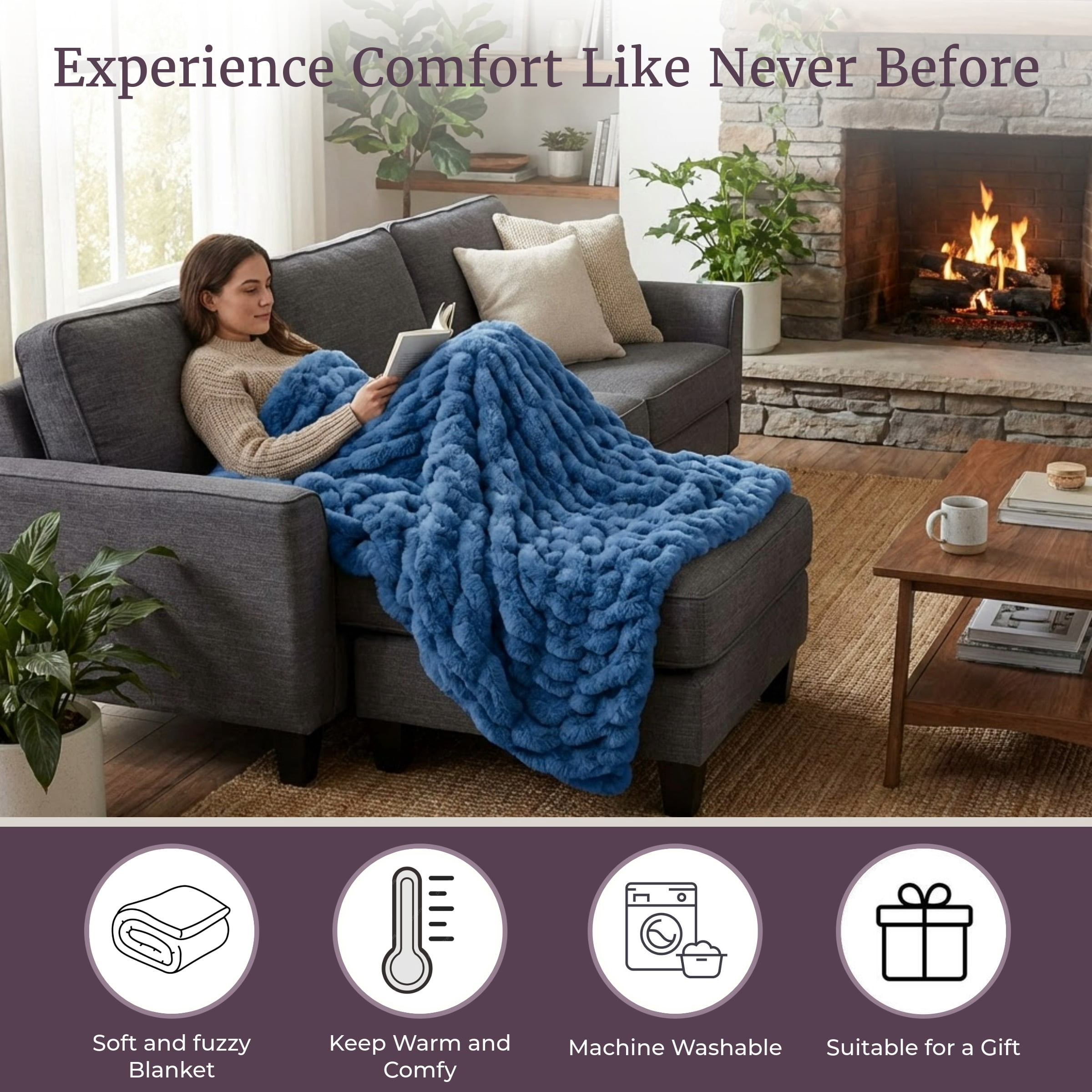 Lavish Home 60x80-Inch Ruched Faux Fur Blanket for Sofas and Beds (Blue)