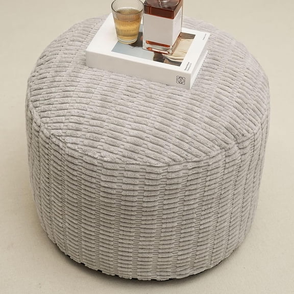 Round Stuffed Pouf Ottoman for Foot Rest, Storage Ottoman Pouf Foot Stool Cushion, Faux Fur Poufs with Foam Chunk Filling, 20 X 15 Inch Floor Chair for Living Room Bedroom Home Decor, Light Gray