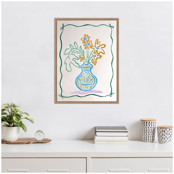 Kate and Laurel June Blooms Bow Border Framed Canvas Wall Art by Kate Aurelia Holloway 18 x 24 Sylvie Beaded Rustic Natural, Modern, Flowers, Abstract Art for Wall Decor, Living Room, Bedroom