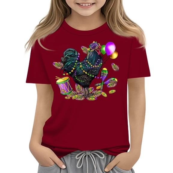 Abcomgle Girls Mardi Gras Shirts Size 7-8 Carnival Chicken Beads Tshirts for Kids Crewneck Short Sleeve T-Shirts for Girls Spring Funny Parade Tee Top Girls