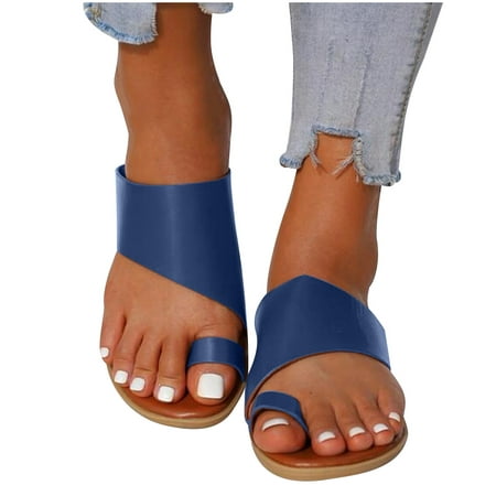 

YanHoo Clearance PU Leather Flat Sandals for Womens Comfy Orthopedic Bunion Corrector Sandal Casual Soft Ring Toe Retro Bohemian Thong Beach Shoes