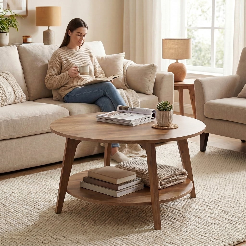 LEDREM Mid-Century Round Coffee Table, 2 Tiers Design, 66lb Capacity, Modern Minimalist Style, Quick Assembly, Ideal for Small Space & Apartment, Brown