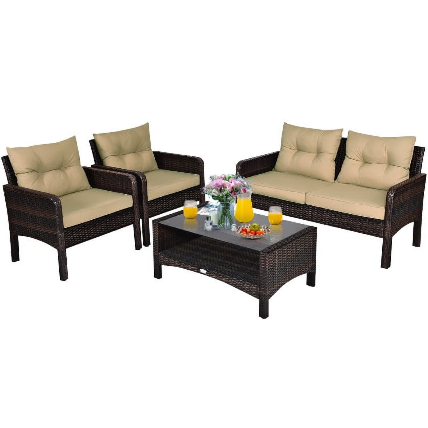 Aimee Lii 4 Pieces Outdoor Rattan Wicker Loveseat Furniture Set with Cushions, Small Patio Set, Khaki