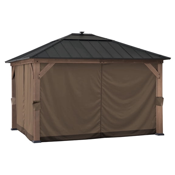 Sunjoy Four-Side Privacy Side Wall Curtain Set for 11 x 13 ft Gazebo, UV-resistant Waterproof Polyester Curtain Panels for Patio, Garden and Backyard, includes Ring Hardware for Installation, Brown