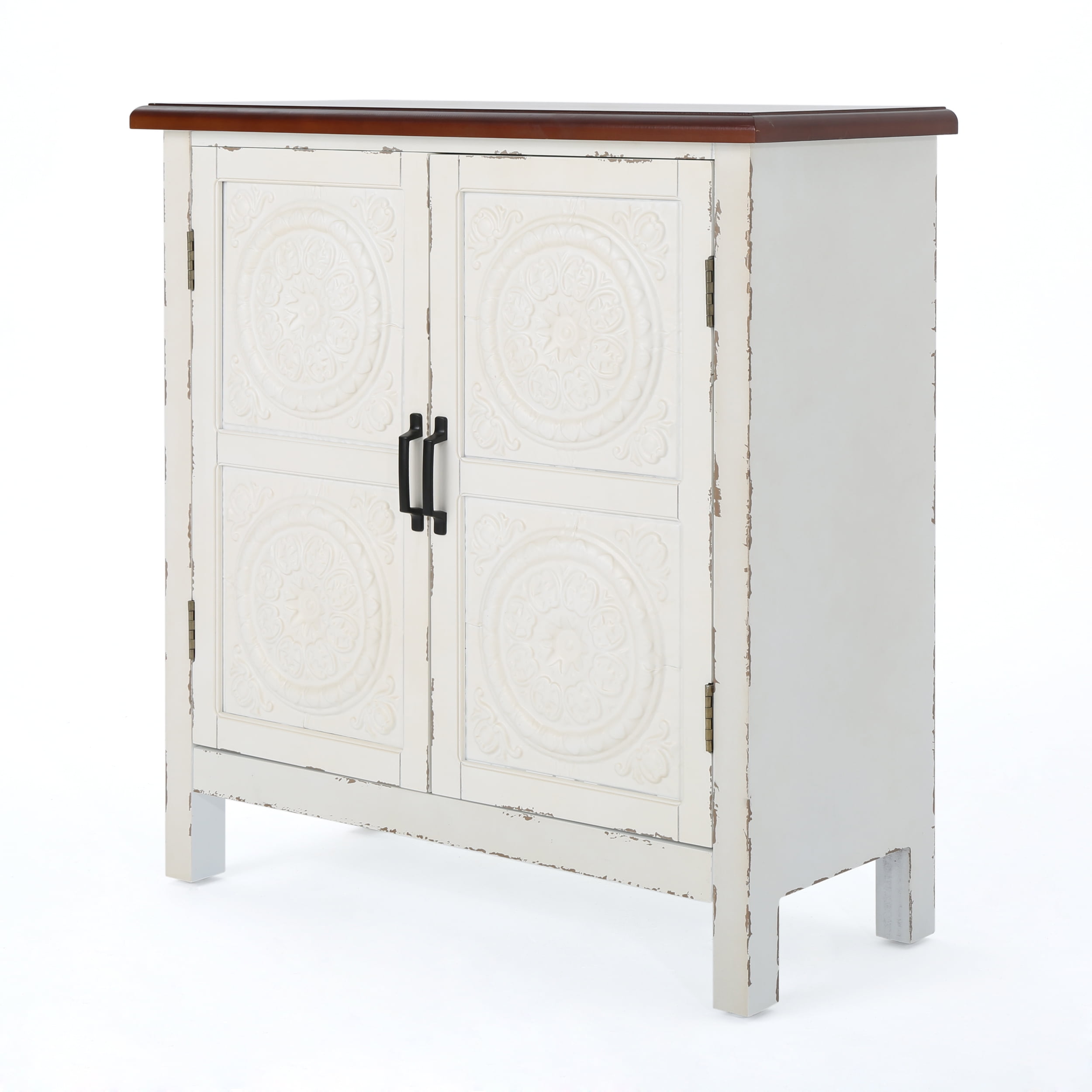 Noble House Leisha Farmhouse Firwood Distressed Cabinet with Carved Panels, White and Brown