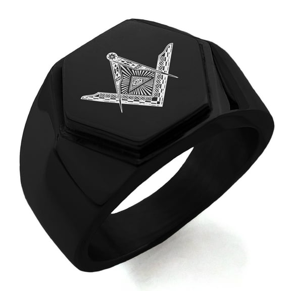 Stainless Steel Freemasons Masonic Eye of Providence Engraved Hexagon Crest Flat Top Biker Style Polished Ring