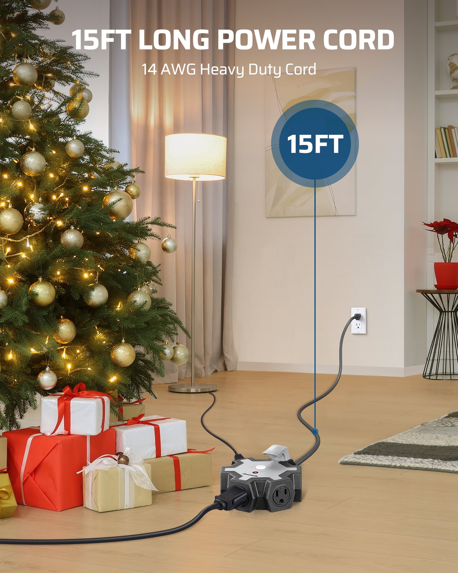 DEWENWILS Heavy Duty 5-Outlet Power Strip, 15FT Extension Cord, outlet extender, Grey