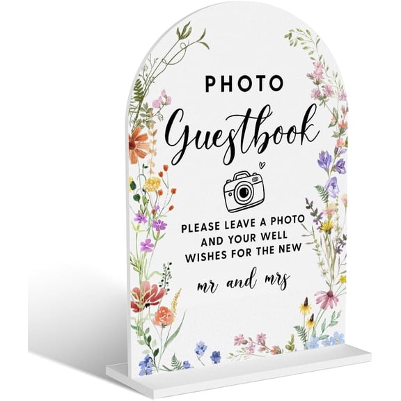 Acrylic Wedding Signs, Photo Guestbook Signs for Marriage Reception, Bridal Shower Decorations, Modern Arched Round Top Acrylic Table Top Sign with Holder for Wedding Party Dinner