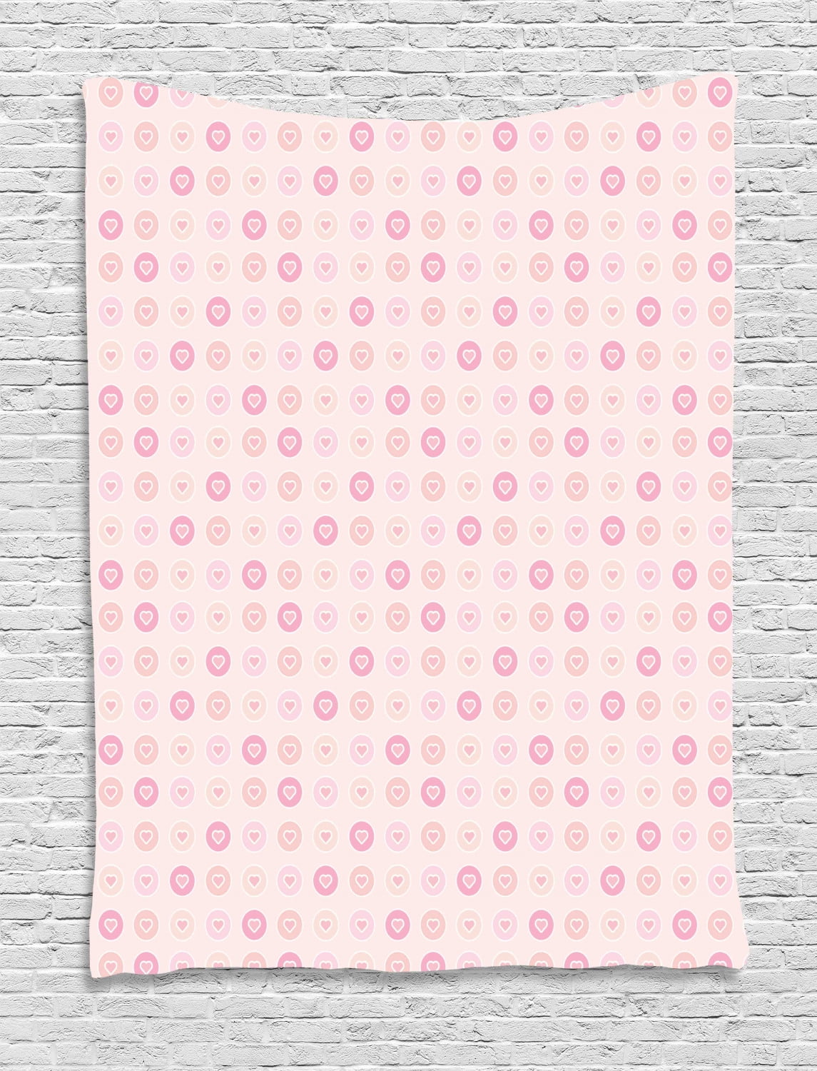 Blush Pink Tapestry, Abstract Pastel Colored Pattern of Simple Little Hearts in Rounds, Wall