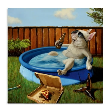 French Bulldog Drinking Summer Pool Pet Humor Animals & Insects Gallery-Wrapped Canvas Print Wall Art, 17x17