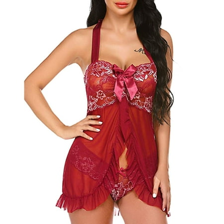 

nsendm Women Lace Lingerie Jumpsuit Bodysuit Sleepwear Lingerie Underwear Lingerie Dress with Leg Straps Underwear Red Large