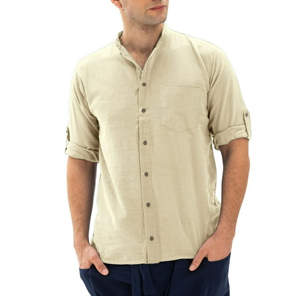 Cathalem Men's Long Short Sleeve Casual Shirts Button Down Shirt for Men Beach Summer Shirt Button Up Shirt Men Casual(Beige,M)