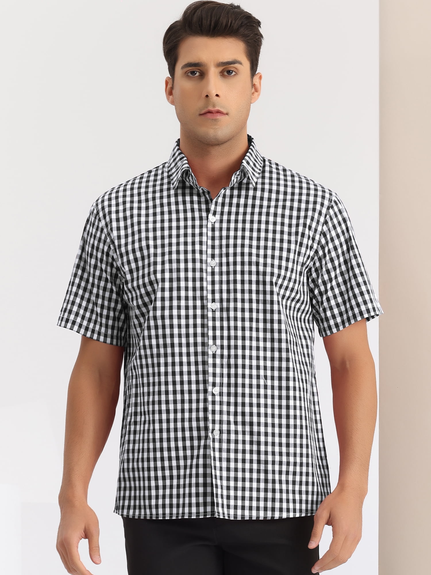 DARING DIVA Men's Checked Short Sleeves Button Plaid Tartan Dress Shirt L Black