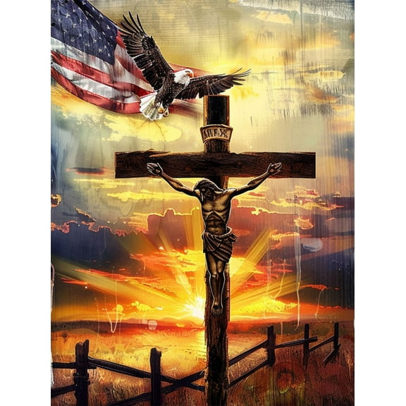 DIY 5D Diamond Painting Kit (For Adults) Diamond Painting "American Flag and Cross in the Sun" - Full Diamond Crystal Rhinestone Embroidery Craft Kit, Can be Used as Gift, Wall Decoration