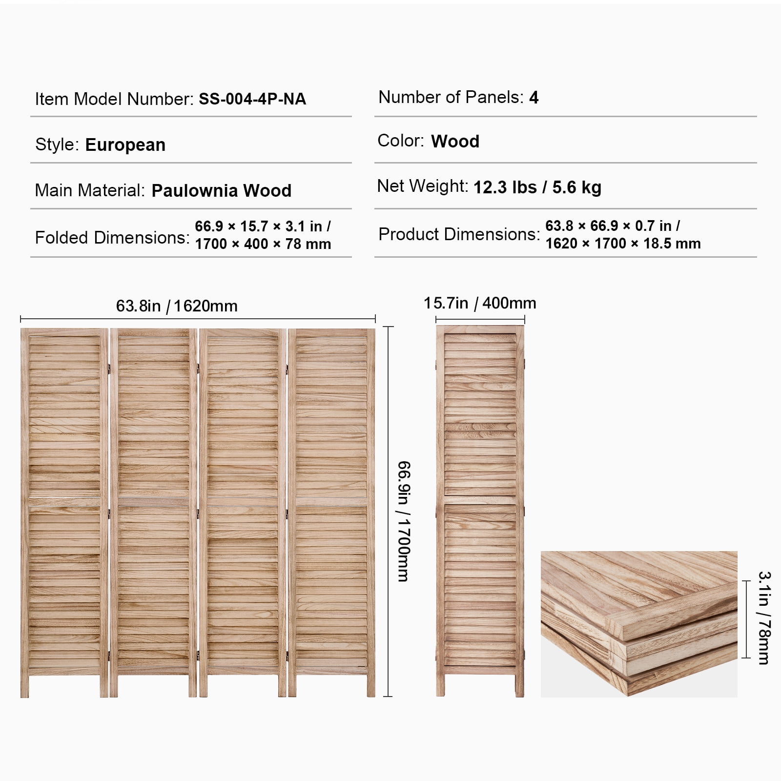 KFFKFF 4-Panel Wooden Room Divider, 66.9*63.8 Inch Folding Privacy Screen, Indoor Louvered Partition for Home, Office, Bedroom, Restaurant, and Room Separation