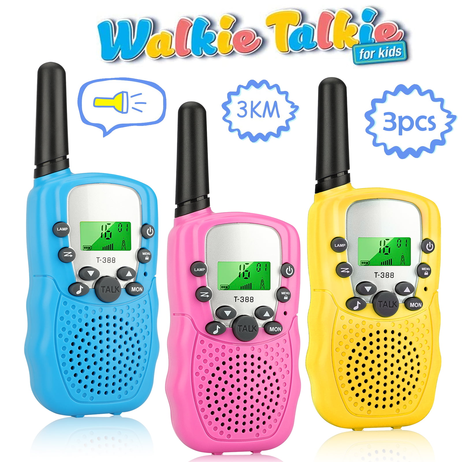 22 Channel 2-way Radios Walkie Talkie 3KM Long Distance Walky Talky with LCD Screen Flashlight Kids Toys for Boys Girls Camping Hiking Outdoor yellow,pink,blue Walkie Talkie kids 3 Pack