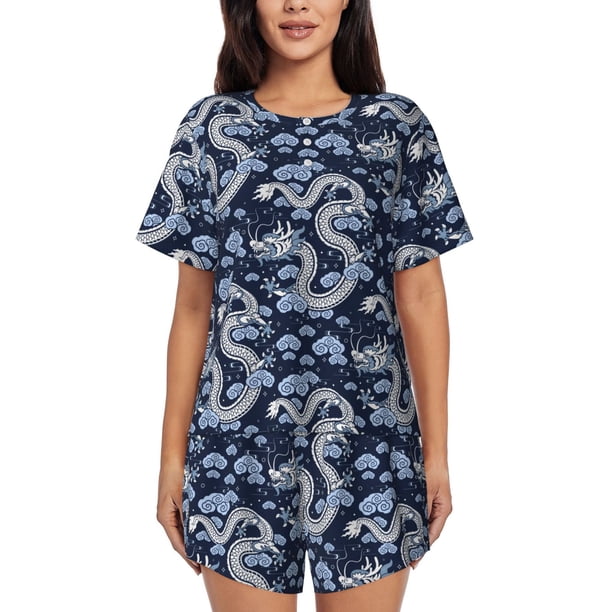 Balery Dragon Conjunto de Pijama para Mujer con Estampado, Dos Piezas de Manga Corta y Shorts, Ropa de Dormir Suave con Cuello Redondo y Bolsillos-Small