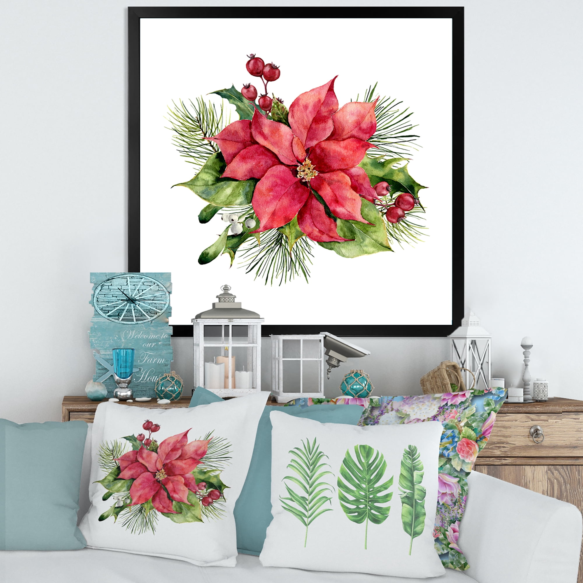 Designart 'Christmas Fir Branch and Holly Mistletoe Berries I' Traditional Framed Art Print