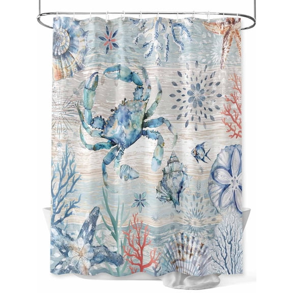 Blue Coastal Ocean Shower Curtain, Crab Coral Shell Bathroom Decor Curtains Set with Hooks, L Waterproof Fabric Home Accessories 72 X 72 Inch Long