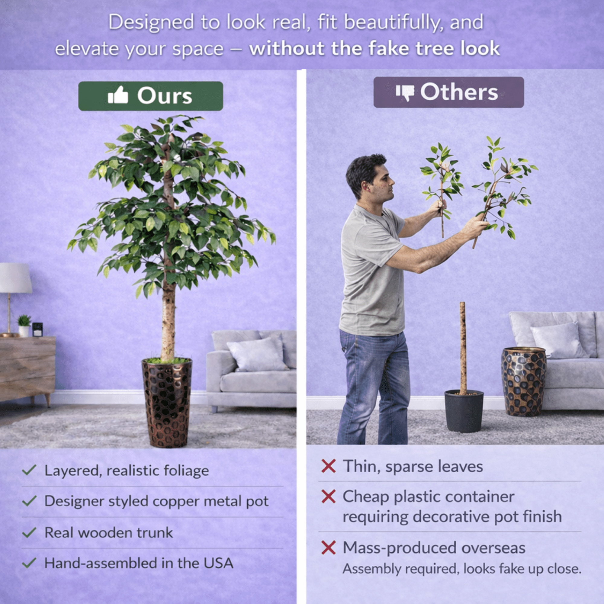Artificial Tree, 5ft Artificial Ficus Tree in a Patterned Copper Pot by LCG Florals, Faux Designer Fake Indoor Tree for Living Room, Office, and Home Décor