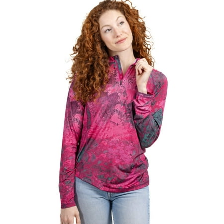 Realtree Fishing Xtreme Camo Women s Magenta 1/4 Zip Jacket Shirt | UPF 50+ | Size L