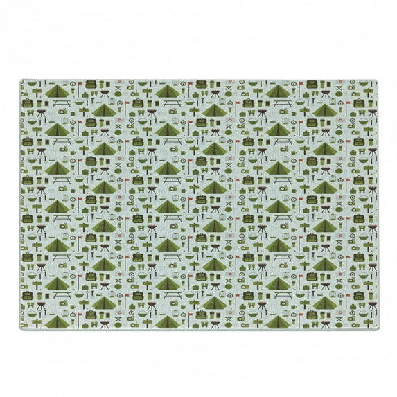 Colorful Cutting Board, Backpack Tent Lantern Camp Concept Adventure Barbecue Graphic, Decorative Tempered Glass Cutting and Serving Board, in 3 Sizes, by Ambesonne