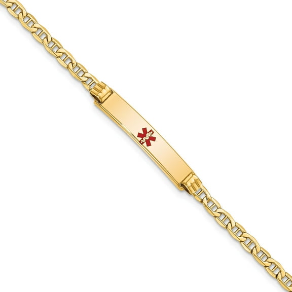 14K Yellow Gold Semi-Solid Medical Polished Red Enamel Anchor Id Bracelet (7 X 5.5) Made In United States xm558cr-7