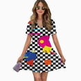 thumbnail image 2 of Retro Classic 1980s Shapes On Black And White Check Women Dress V-Neck Short Sleeve Flowy Swing Party Midi Dress, 2 of 4