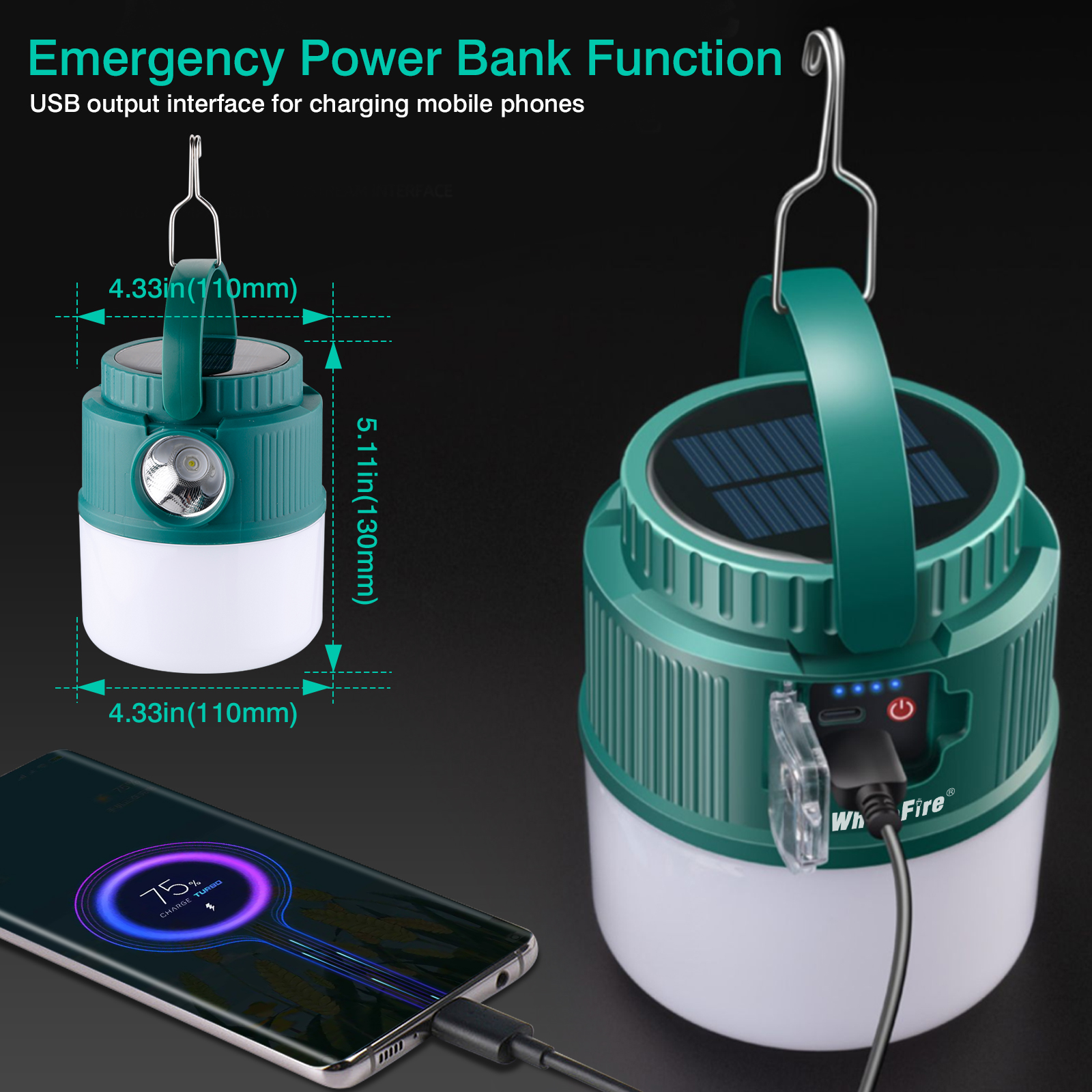 Solar Camping Lights Camping Lanterns LED Camping Light Rechargeable Tent Lamp 4 Modes Spotlight Waterproof Portable Light