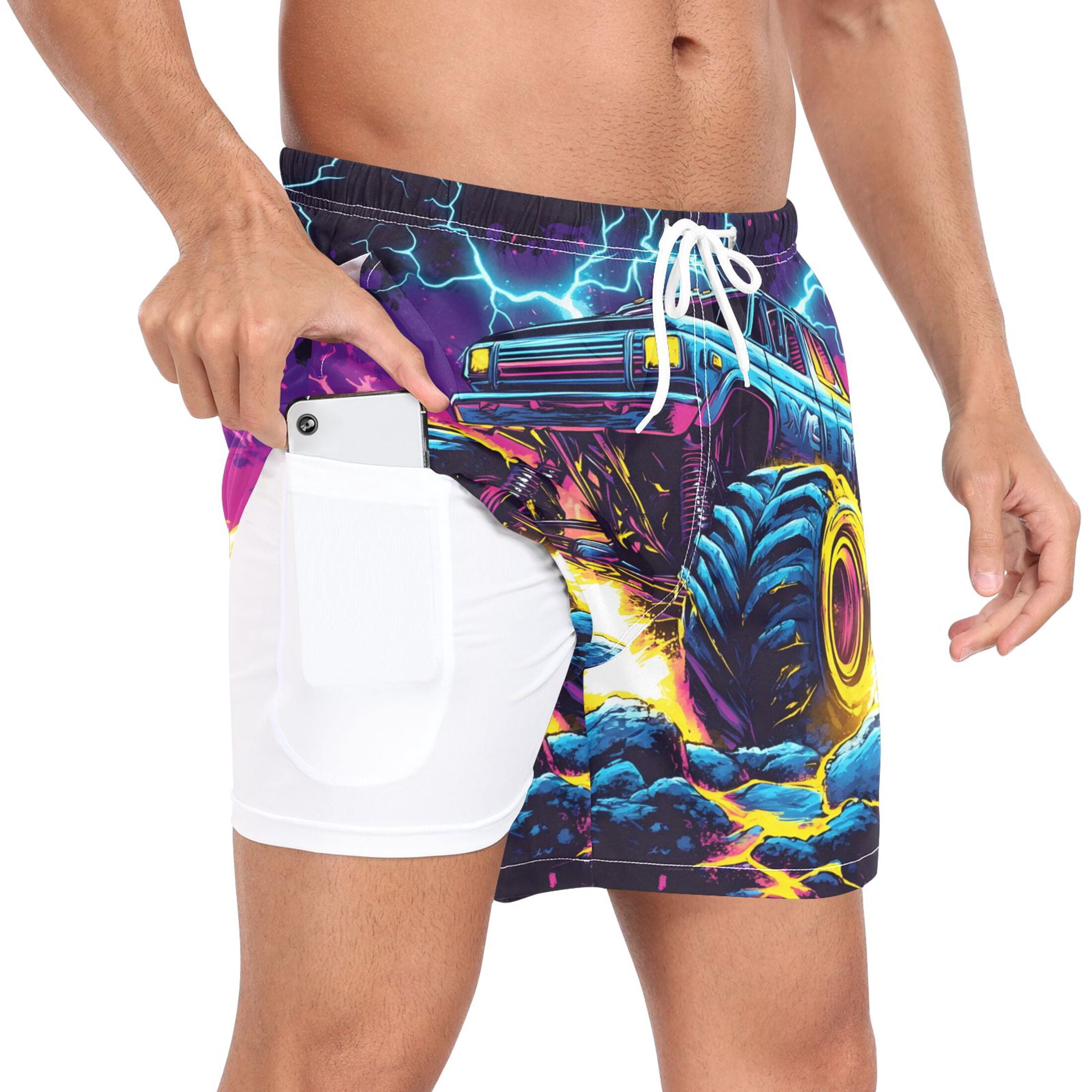 joogoo Men's Monster Truck Lightning Swim Trunks with Liner Pocket Beach Shorts Large