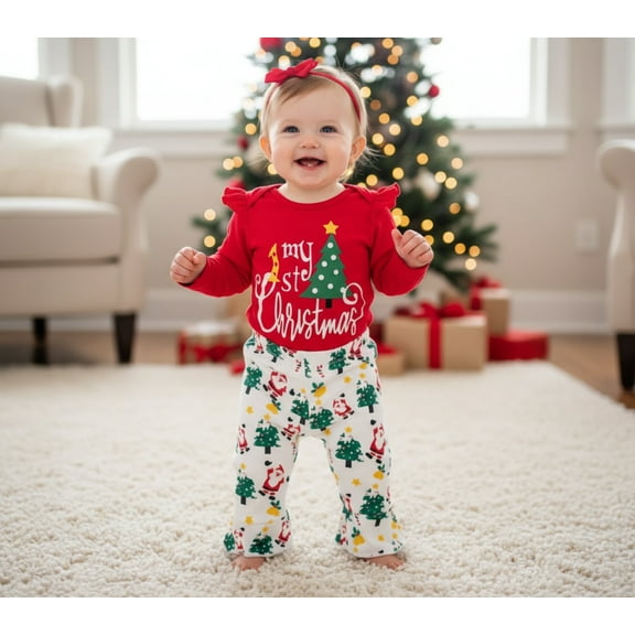 Baby Girls First Christmas Outfit – Ruffle Bodysuit Set