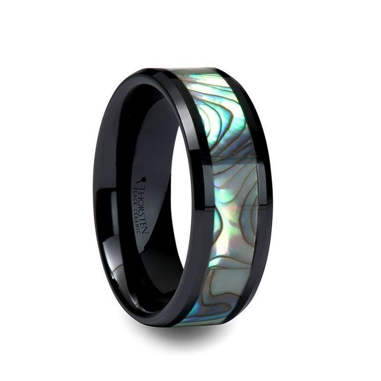 Thorsten OAHU Beveled Black Ceramic Ring with Shell Inlay - 8mm Thorsten OAHU Beveled Black Ceramic Ring with Shell Inlay - 8mm