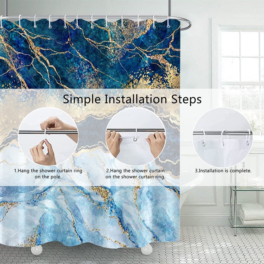 Marble Bathroom Shower Curtain Green Blue Navy Gold Sand Waterproof Fabric Shower Curtains with Hooks Watercolor Abstract Shower Curtains Cloth for Home Bath Decor 72x72 inches