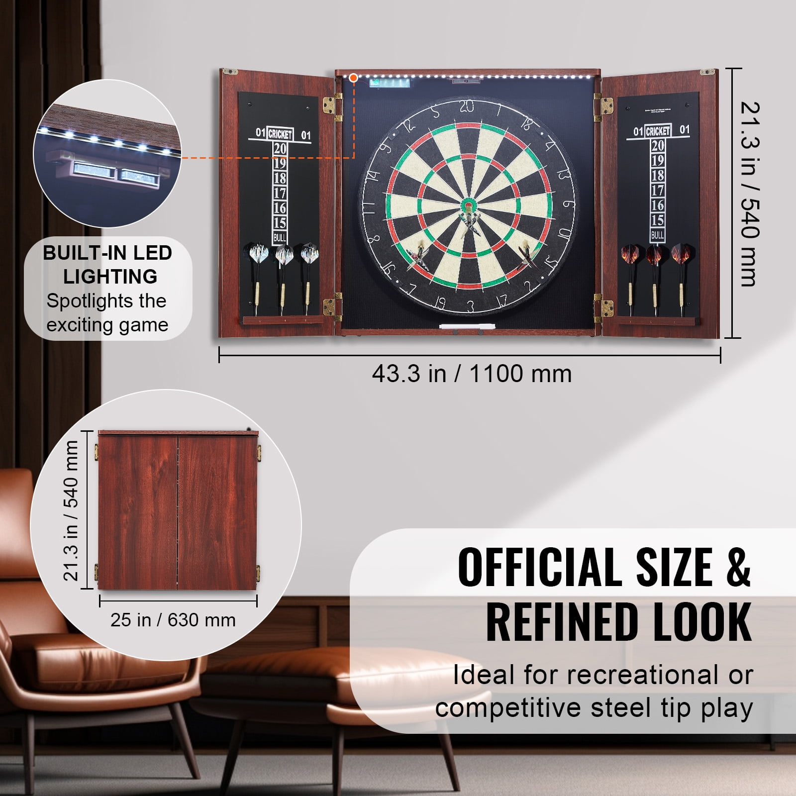 KFFKFF Dartboard with Cabinet Kit, Prepped Bundle of Official Dimension Dartboard Cabinet, Steel Point Dart Concealment Cabinet, Equipped with LED Illumination, Simple Set-Up
