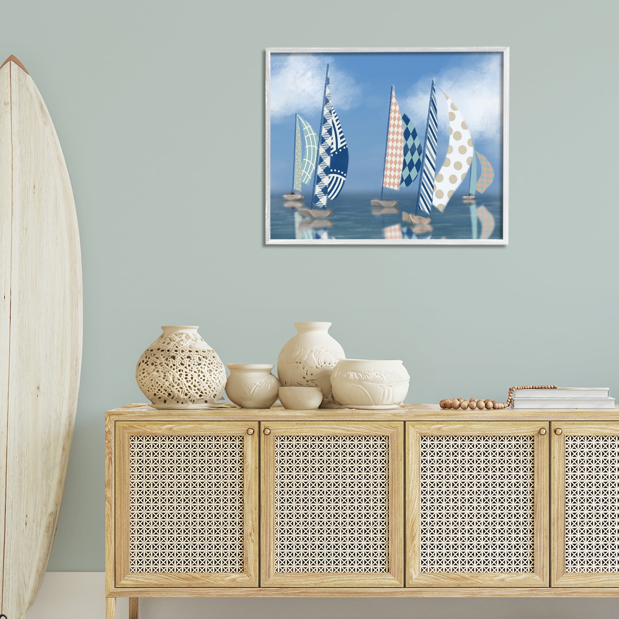Stupell Industries Patchwork Coastal Sailboats Transportation Painting White Framed Art Print Wall Art, 30 x 24