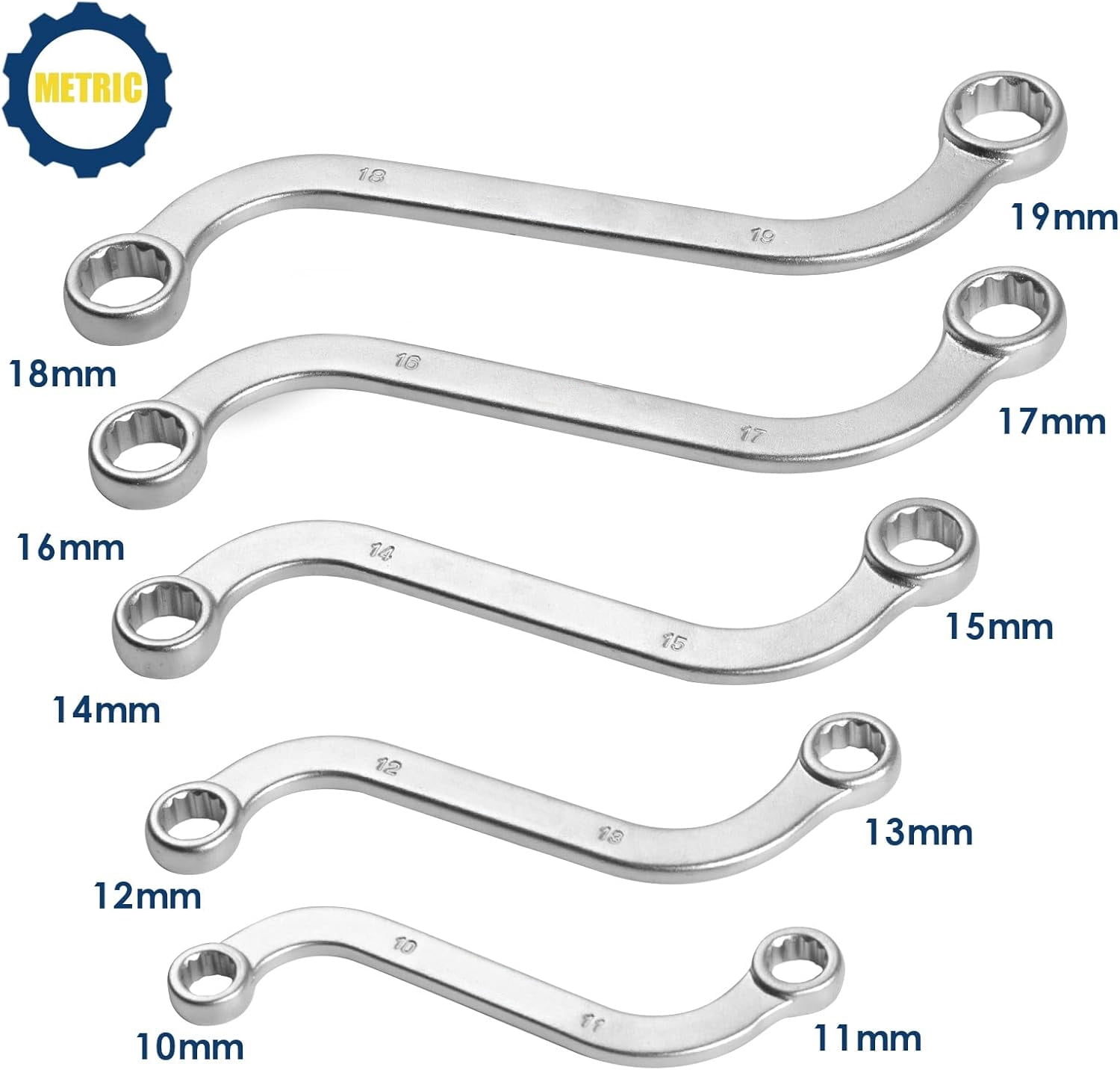 S-Type Box End Wrench Set, Metric, 5-Piece, 10x11mm to 18x19mm, CR-V Steel, with Rolling Pouch