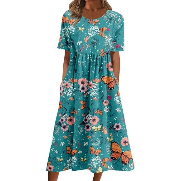 2025 Women Boho Dress Work Dresses for Women office Short Sleeve O Neck Casual Summer Pocket Dress Casual Print Shirt Dress Short Crewneck Dress Spring Dress for Women Dresses