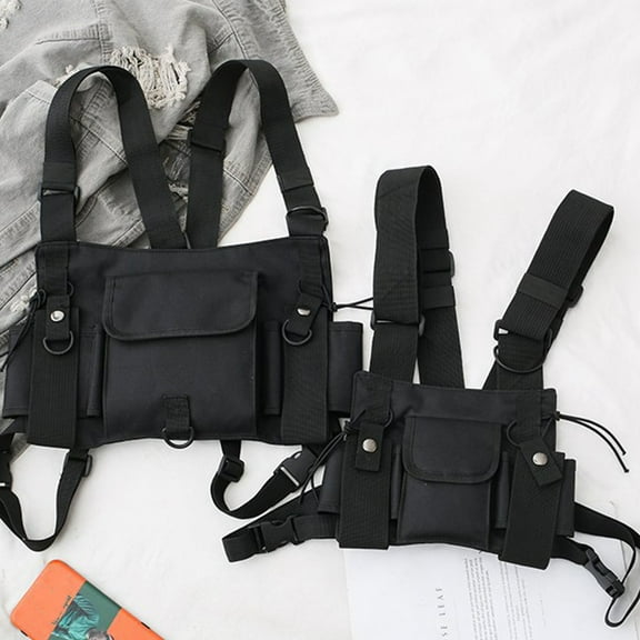 Eoperou Fashion Men Multi Pockets Double Straps Nylon Chest Bag Vest Streetwear Pack