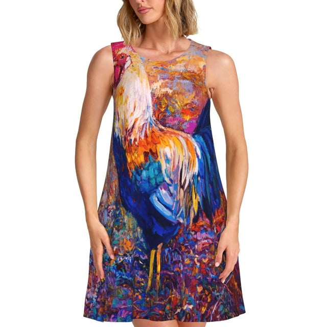 Xecao Peinture à l'Huile Coq pour Robes d'Été pour Femmes Robes Décontractées de Plage Robes de Plage Sans Manches T-Shirt Robe Évasée avec Poches