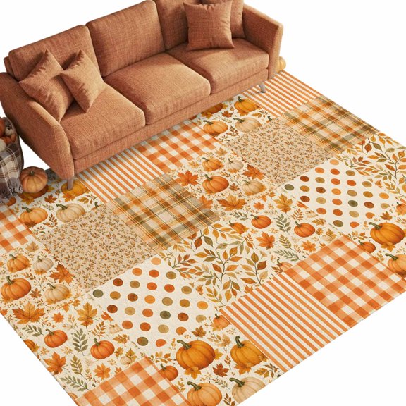 Gingham Blocks Washable Area Rug 5 x 8 ft Pumpkin Orange Maple Leaf Striped Plaid Country Soft Non‑Slip Rugs Stain Repellent Indoor Mats for Spacious Family Room, Long Dining‑Table, Sunroom